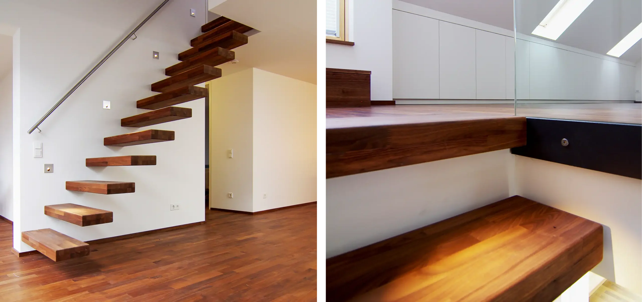 Freitragende Nussbaum-Treppe im durchgängigen Innenausbau — Miller Küchen